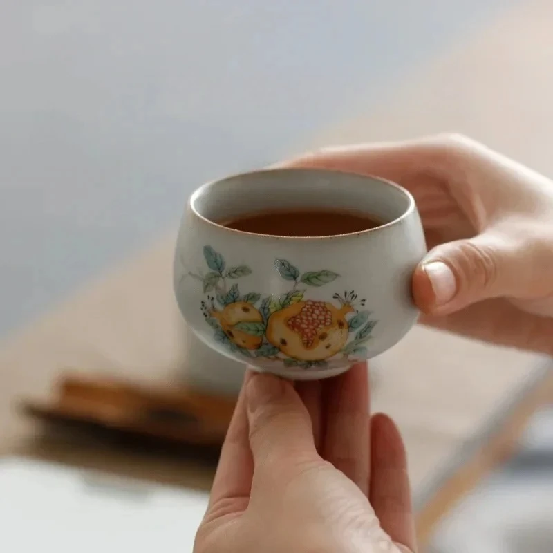 

For Boutique Ru Kiln Ceramic Teacup Travel Meditation Cup Hand Painted Flower Pattern Tea Bowl Pu'er Master Cup Tea Set Accessor