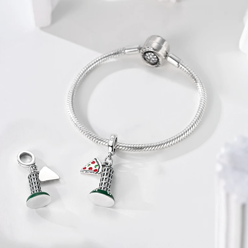 Der Schiefe Turm von Pisa Charm-Perle 925 Sterling Silber CZ Zirkon Anhänger Passend für Original-Armband DIY Schmuck Geschenk – Detail 1