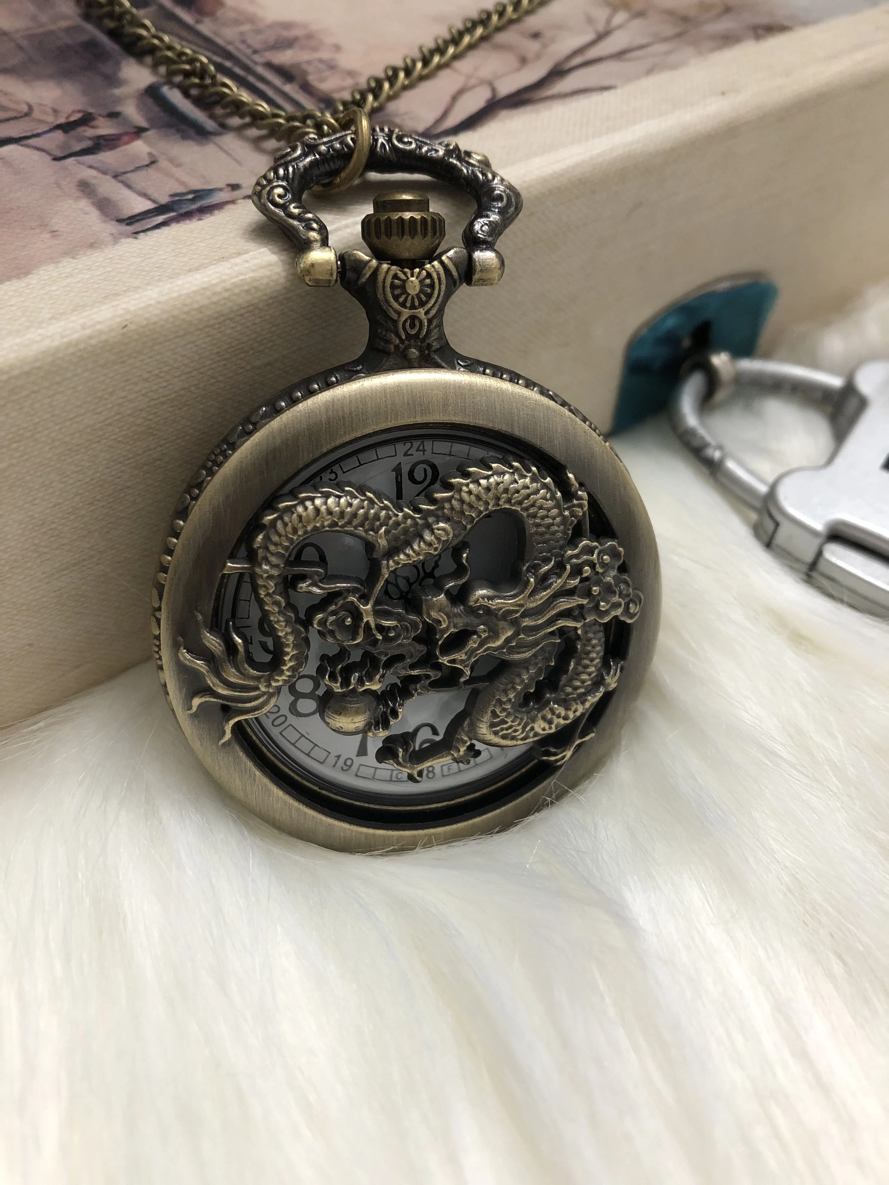 12 Zodiac Pocket Watch Hollow out the Year of the Loong Souvenir Retro Flip Cap Necklace Hollow out Electronic Pocket Watch Men