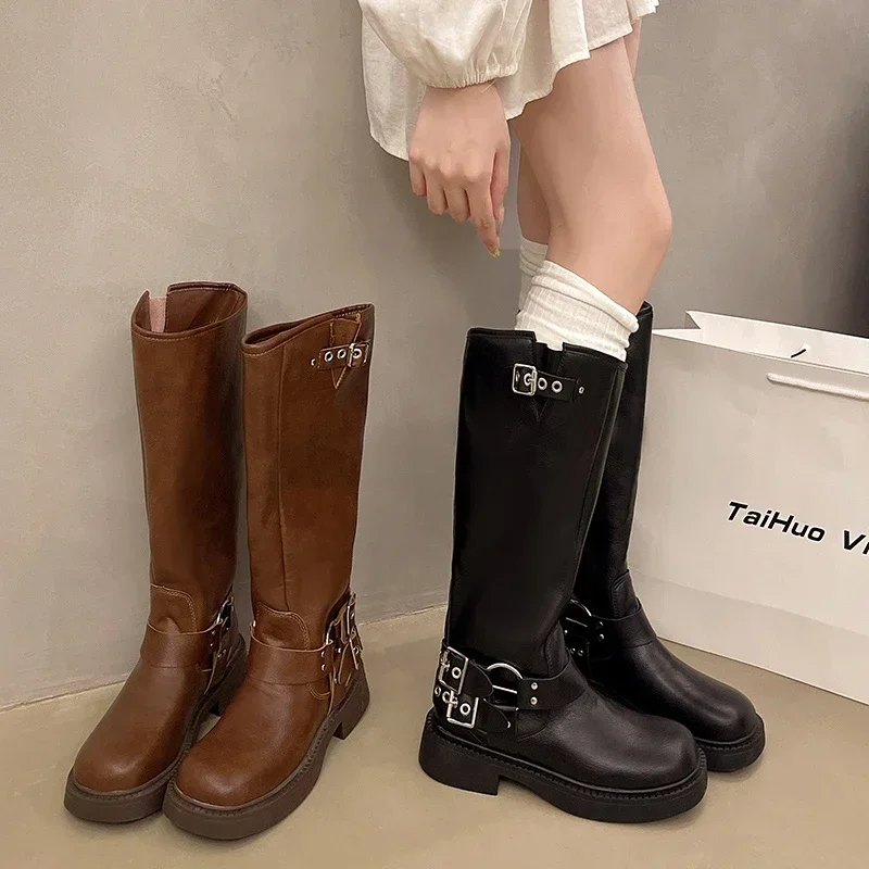 Designer New Autumn Winter Knee High Boots Women Fashion Ladies Belt Buckle Knight Long Boots Women's Biker Booties 35-40