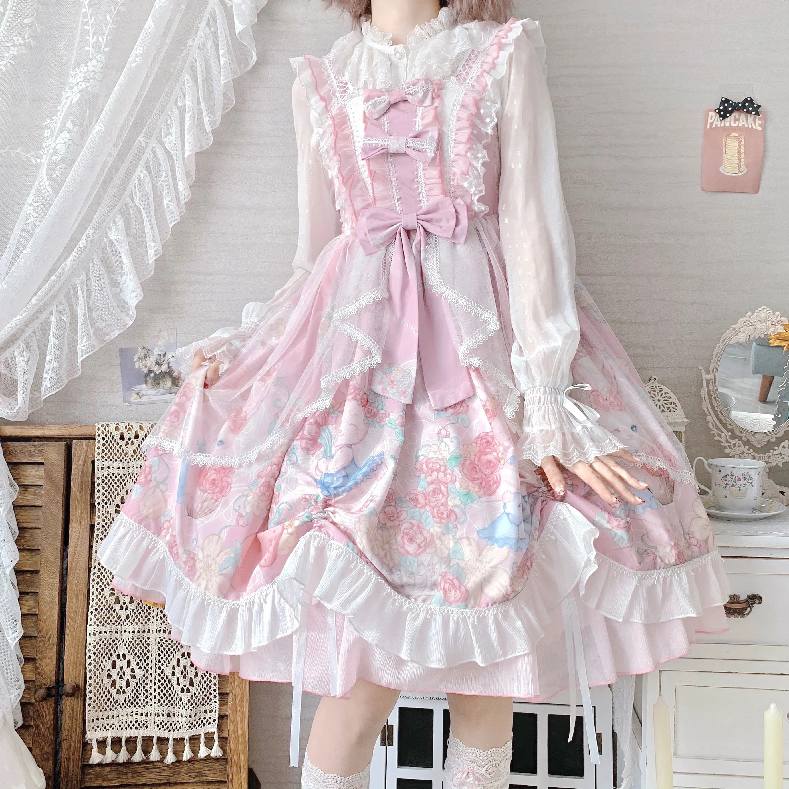 Luxurious Pink Kawaii Girl Lolita Wreath Bunny Tail Trailer Rabbit Girl Dress Cute Vintage Jsk Sleeveless Bow Princess Tea Party