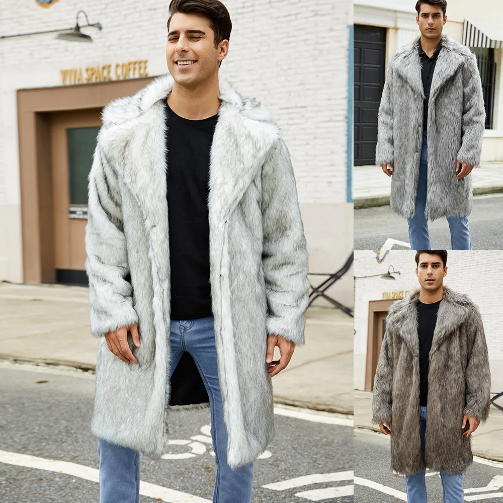 Turn Down Collar Spliced Faux Fur Long Sleeve Coats Cardigan Fur Loose Men Clothing Jacket Open Stitch Solid Casual Autumn