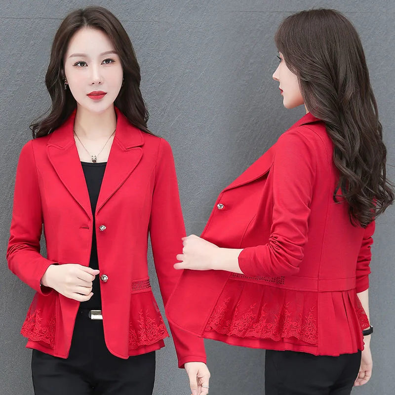 

2022New Women Blazer Spring Autumn Jacket Coat Lace Splicing Suit Outerwear Women's Casual Office Lady Professional Small Blazer