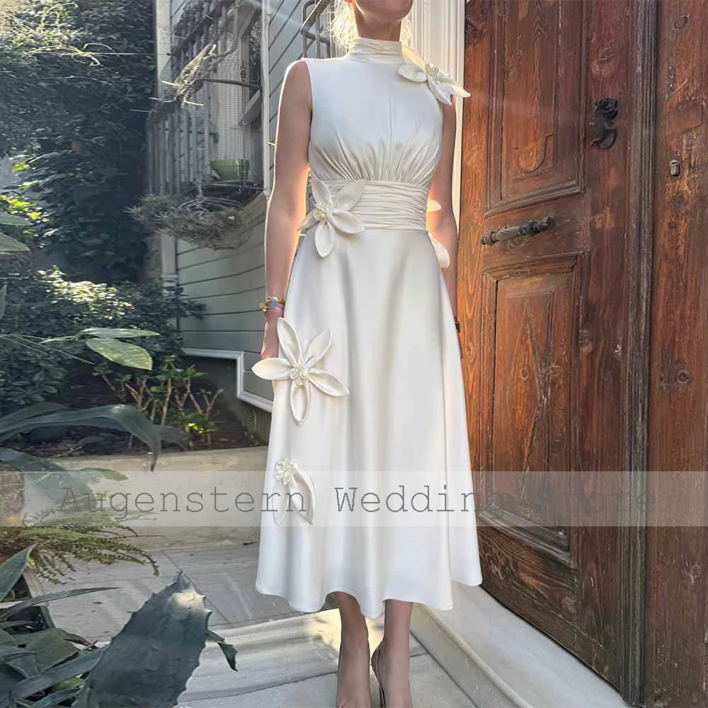 

Pastrol Wedding Dress Mother of the Bride Satin A-line Wedding Party Dresses Ivory High Collar Pleat Applique Wedding Guest Gown