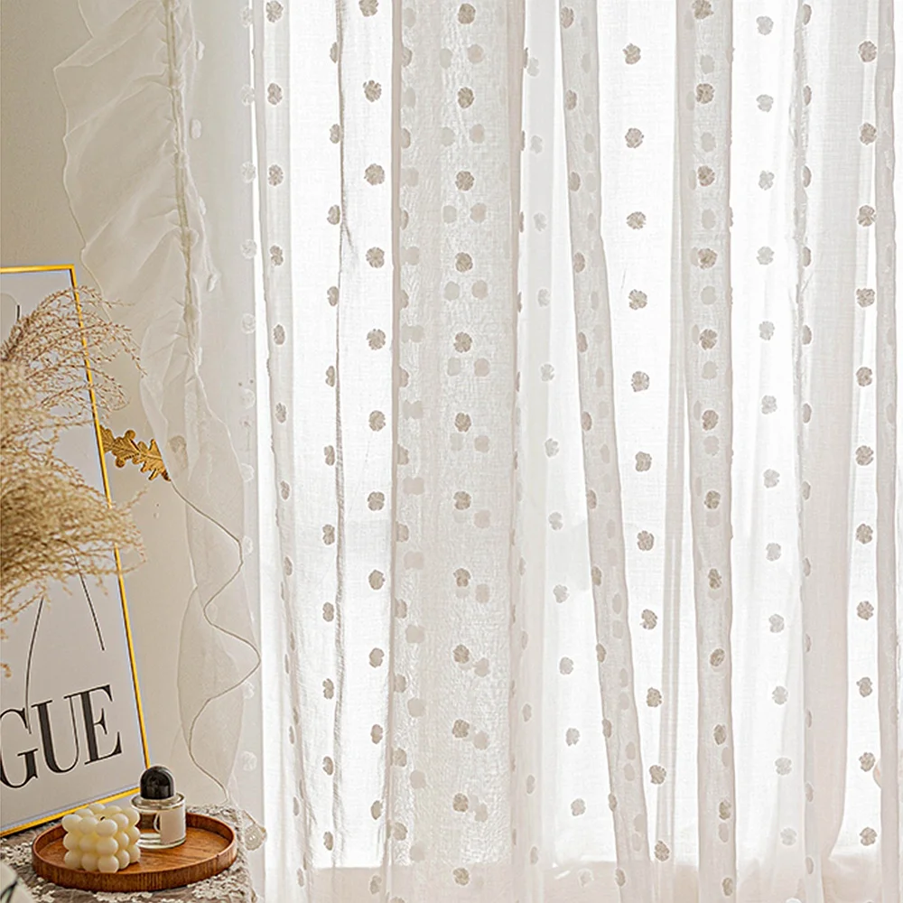 Cortinas transparentes con pompón blanco para habitación de niñas, tul de encaje Vintage elegante romántico, cortinas de ventana con filtro de luz