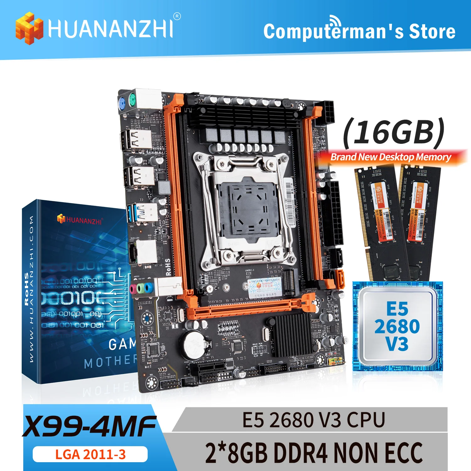 HUANANZHI X99 4MF LGA 2011-3 Motherboard combo kit set with CPU Intel XEON E5 2680 V3 with Memory 2*8G DDR4 NON ECC Support M.2