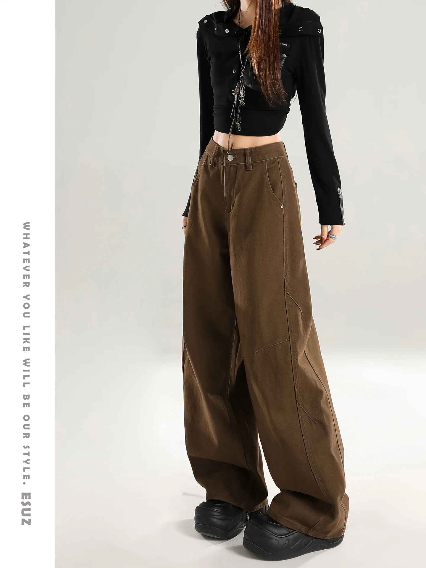 

High Waist Wide Leg Denim Jeans Women's Autumn Winter Vintage Brown Coffee Color Slimming Offcat American Style Casual Jeans