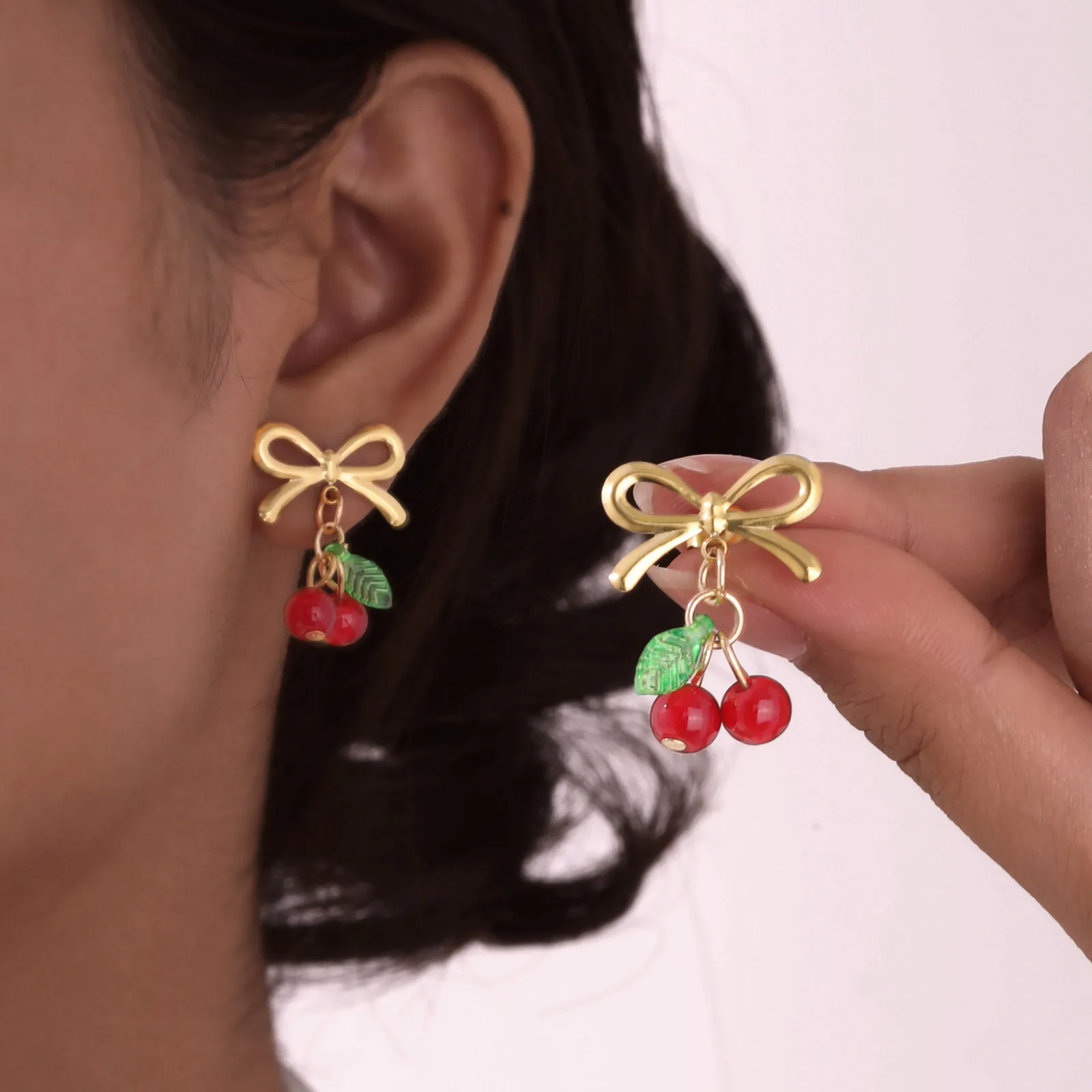 Cherry Bow Drop Dangle Earrings for Women, Lightweight Fruits Statement Pierced Earring Jewelry