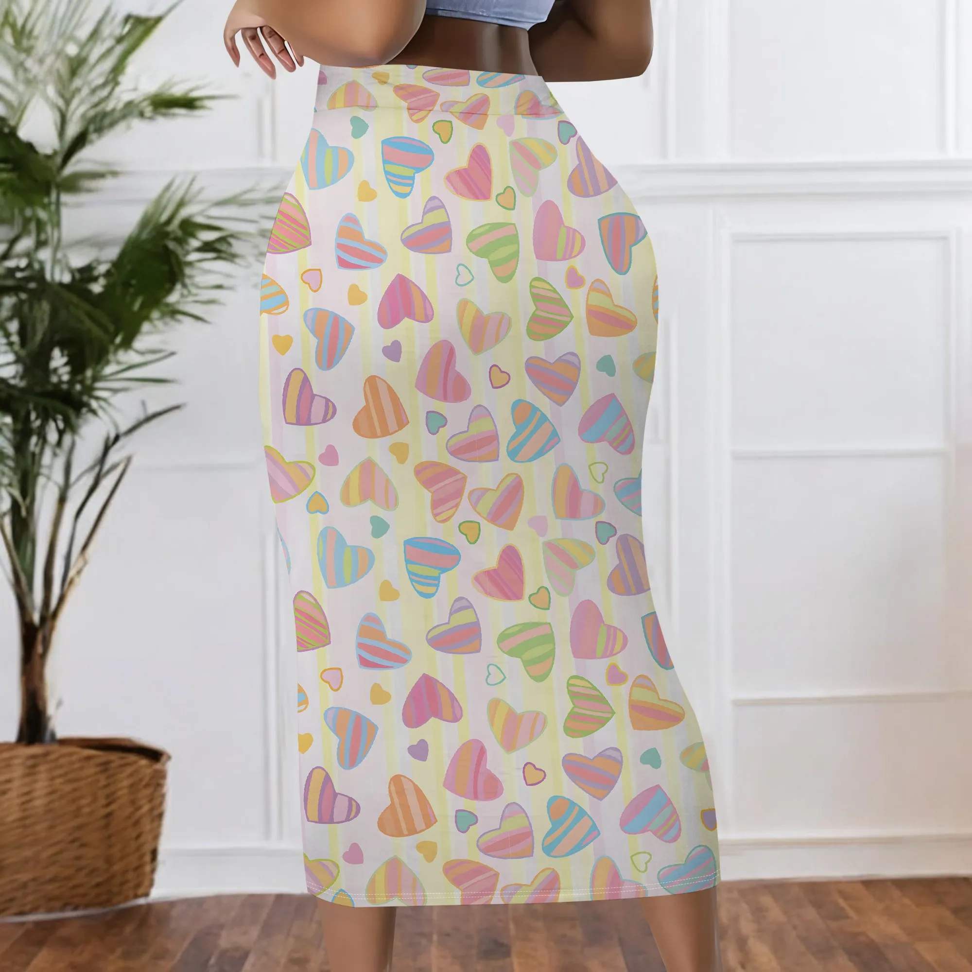 Pastellfarbener Midirock mit Herzprint, Regenbogenherzmuster, Bleistiftschnitt mit hoher Taille, lässige Sommerkleidung für Damen, S-2XL – Detail 4