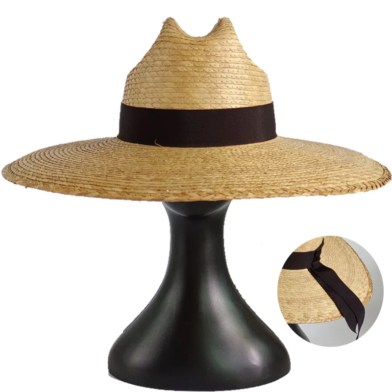 

2025 Summer Straw Beach Hat Palm Leaf Women's Seaside Sun Hat Bow Ribbon Double Concave Top Large Brim Straw Hat