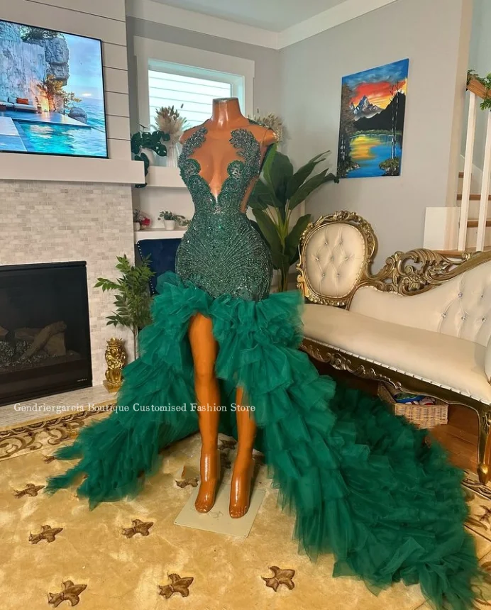 فستان سهرة فاخر بحورية البحر كريستال ديامانتي سبليت من الدانتيل الأخضر المزخرف لعيد ميلاد فتاة سوداء مخصصة