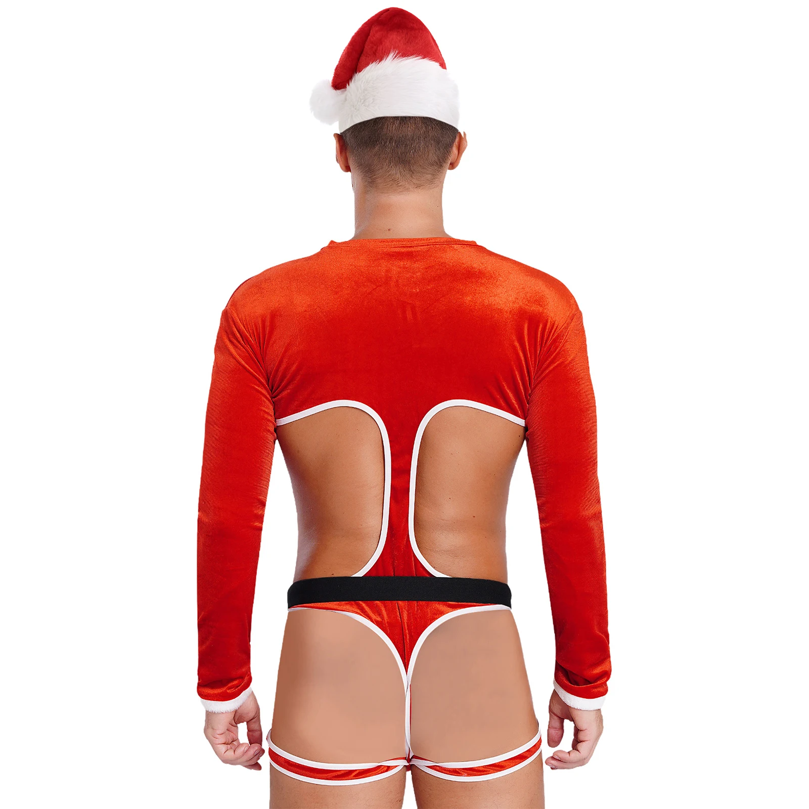 Disfraz sexy de Papá Noel para hombre, lencería navideña, traje de manga larga recortado con trasero abierto y sombreros de Papá Noel, trajes de 2 piezas