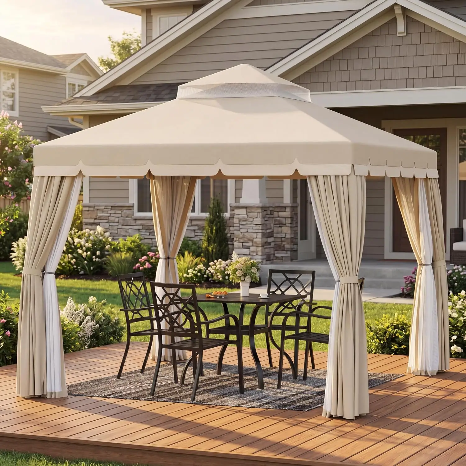 Gazebo para exteriores de 10x10 pies, estructura de hierro resistente, toldo para patio, techo suave ventilado, mosquitera transpirable, cortinas de privacidad, protección solar para jardín, patio trasero, césped, piscina, color beige