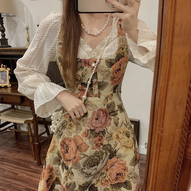 Vintage Spring Autumn Oil painting Embroidery Long Woman French Floral Dress Lace Party Female Print Retro Elegant Fairy