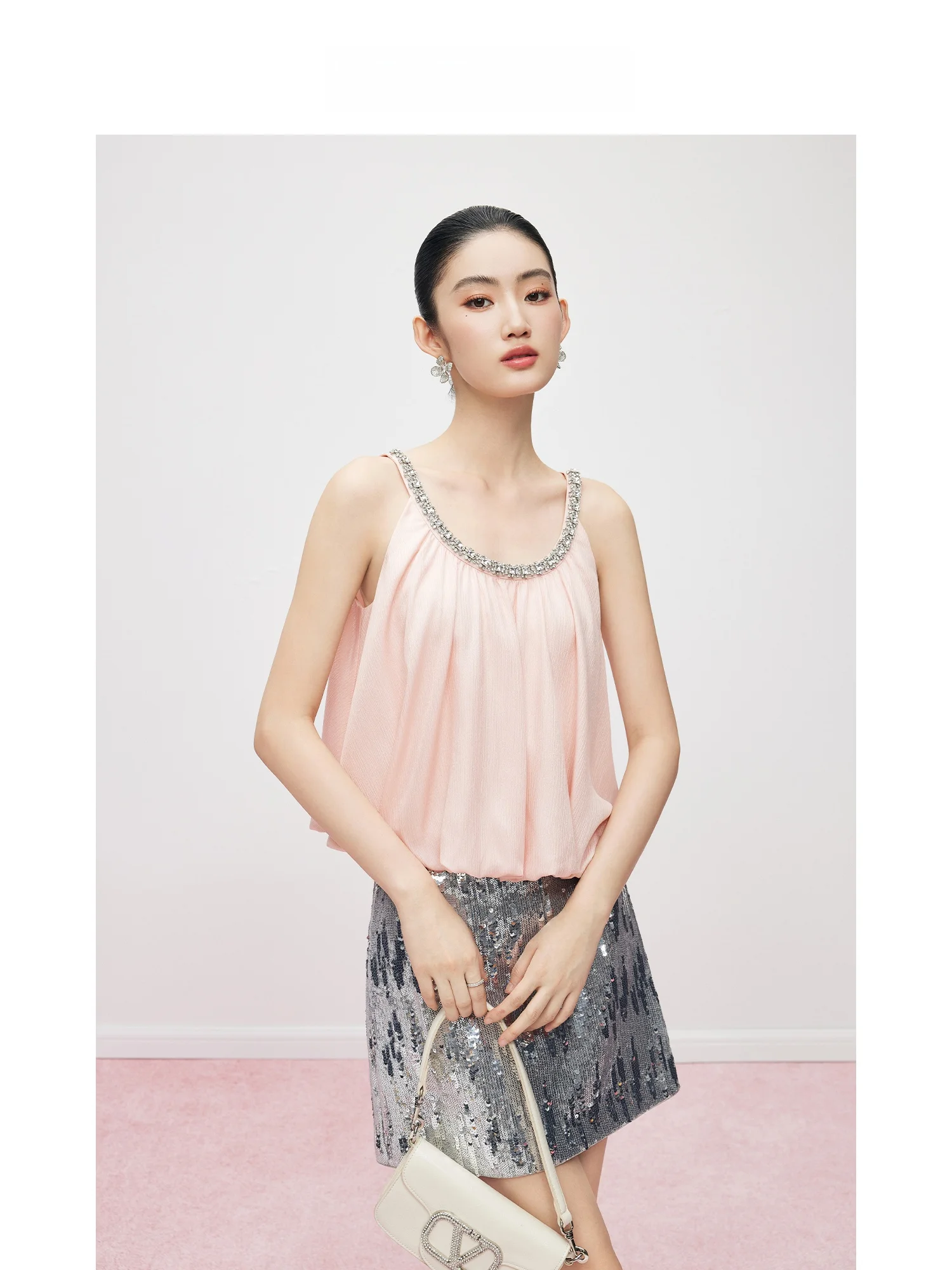 

MandyZhang Elegant Pink Bouquet Style Drawstring Strap Vest Women Summer Design Diamond Decorated Sleeveless Top Polyester Fiber