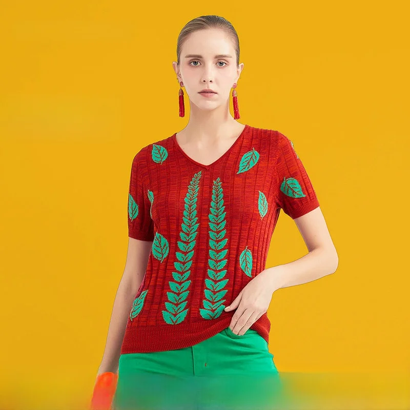 

Красный трикотажный топ с V-образным вырезом, женский, облегающий, с текстурной вышивкой, летний, новый, универсальный, повседневный, для работы и отдыха