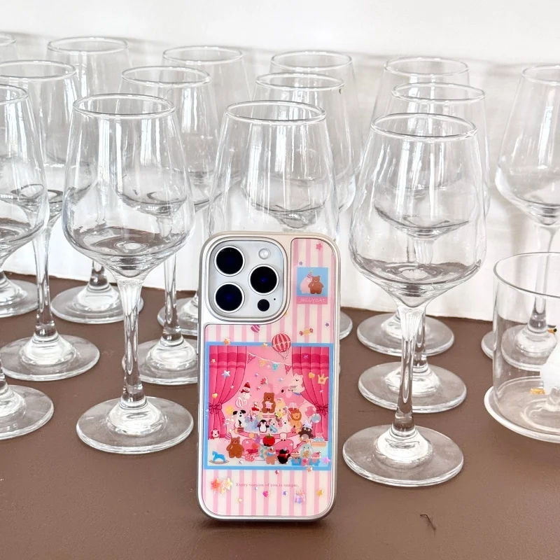 

Luxury Kawaii Cute Pink Cartoon Bear penguin animal party gathering Phone Case For iPhone 13 14 15 16 17 Pro Max Lovely Cover