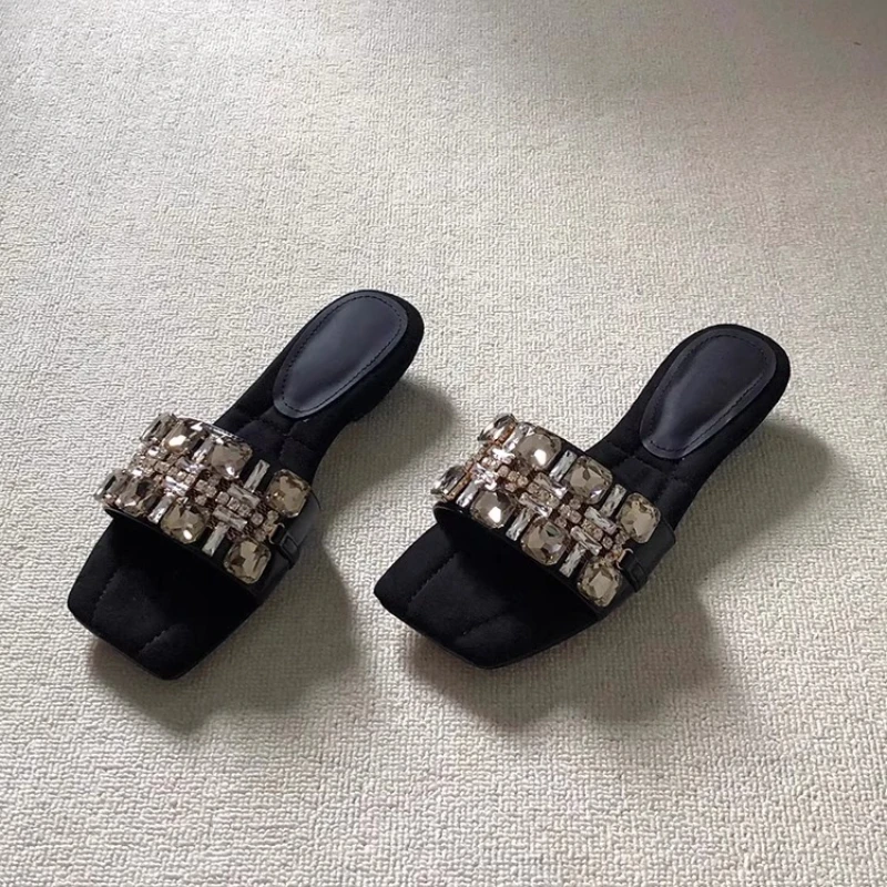 

Crystal Women Square Toe Slippers Heeled Sandals New Designer 2025 Summer Shoes Casual Slingback Chunky Shoes Woman Zapatillas