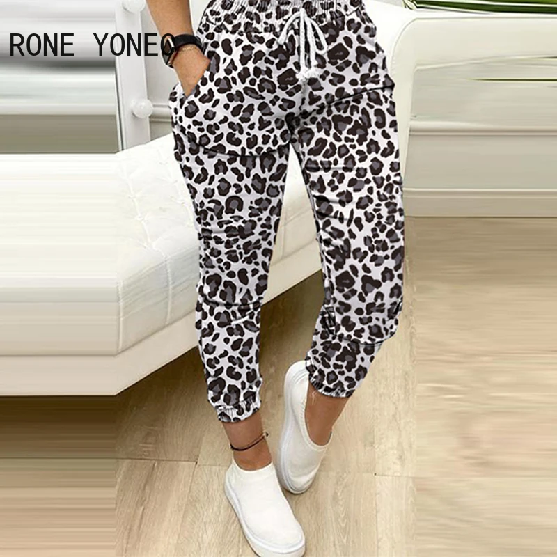 2024 Women Short Sleeves Leopard Pattern T-shirt & High Waist Cuffed Elastic Waist Two Pieces Sets