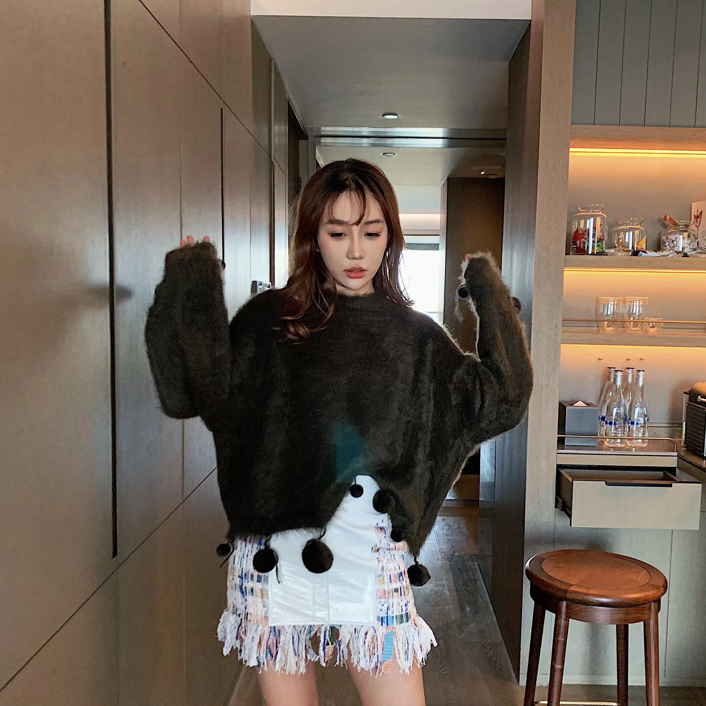 

Юбка Amor с высокой талией в клетку с бахромой, осенне-зимняя, модная, в стиле «чай с молоком»