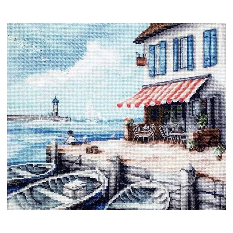 Amishop Top Quality Gold Collection Counted Cross Stitch Kit Sea Port Coffee Shop Pier Boat Ship Lighthouse Fishing 908 OK