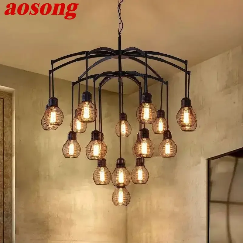 AOSONG American Retro Pendent Lamp Industrial Wind Living Room Restaurant Loft Clothing Store Cafe Bar Box Homestay Chandelier