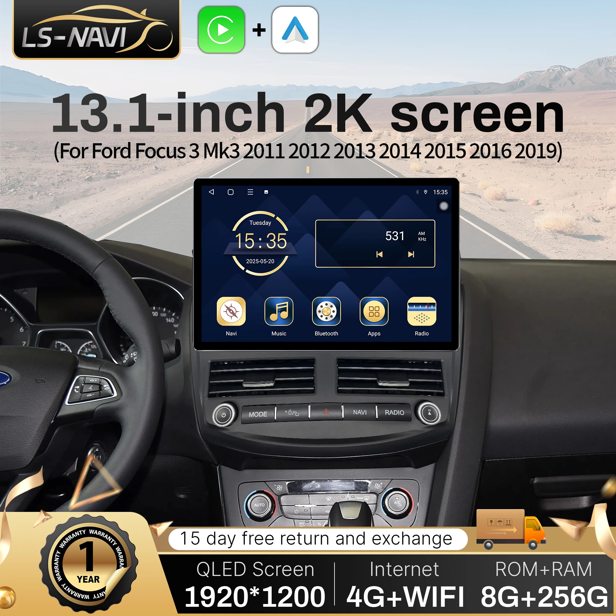 13.1” For Ford Focus 3 Mk3 2011 2012 2013 2014 2015 2016 2019 Car Radio WirelessCarplay GPS Multimedia Touch QLED Screen Stere