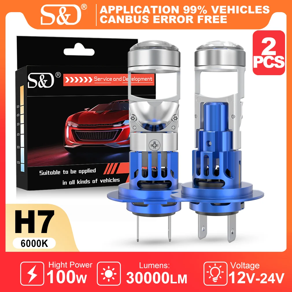 

S&D H7 Светодиодная фара 30000LM 100W Автомобильная лампа с вентилятором Супер яркая беспроводная 6000K Белая CANBUS Мини-автомобильная лампа 12-24V