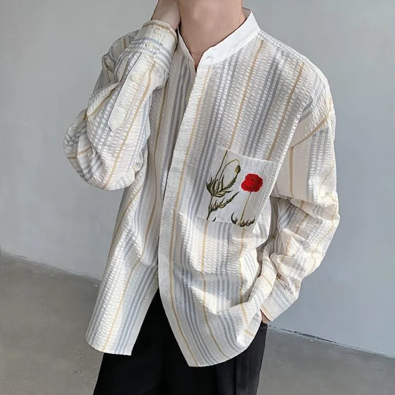 

3XL Men's Vintage Foam Yarn Striped Patchwork Shirt Long Sleeves Loose Single Breasted Shirt Flower Print on Chest Pocket Top
