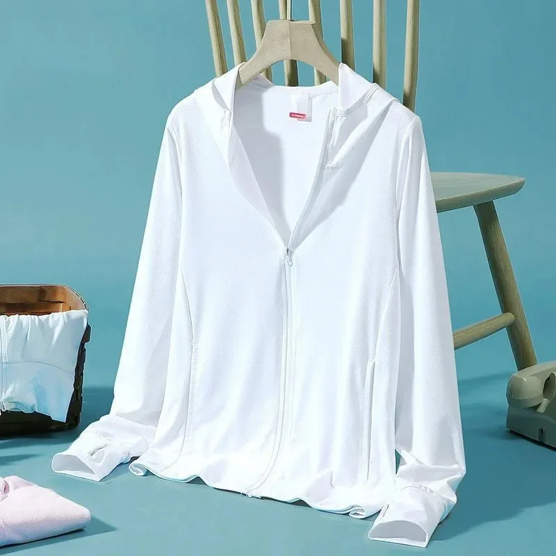 

UPF 50+ Women Sunscreen Hoodie Solid Color Thin Ice Silk Summer UV Protection Long-sleeved Jacket Breathable Shirt Clothing