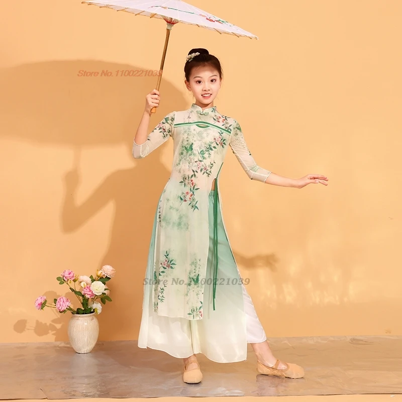 

2026 traditional flower print mesh cheongsam dress+pants set children vintage dance dress folk dance stage performance dress