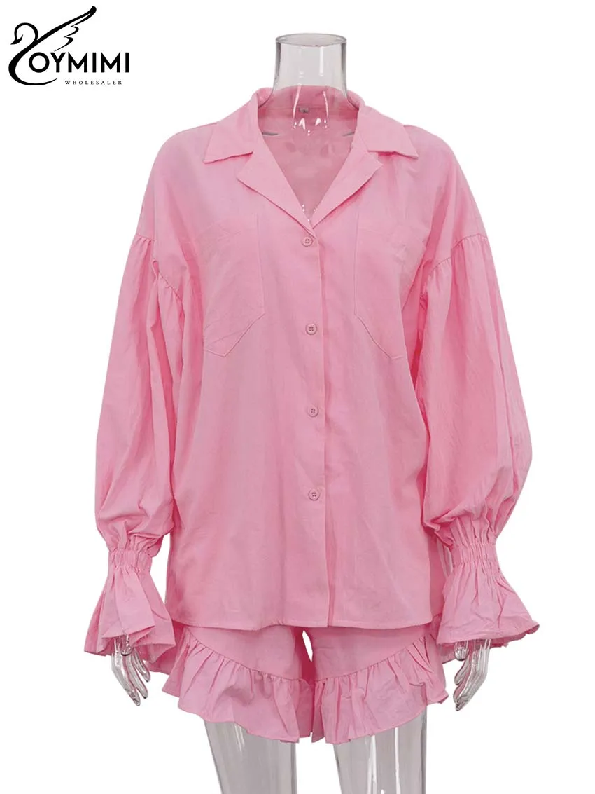 Oymimi Fashion Pink Cotton 2 Piece Sets Women Outfit Elegant Lapel Long Sleeve Button Shirts And Loose Ruffled Shorts Female Set