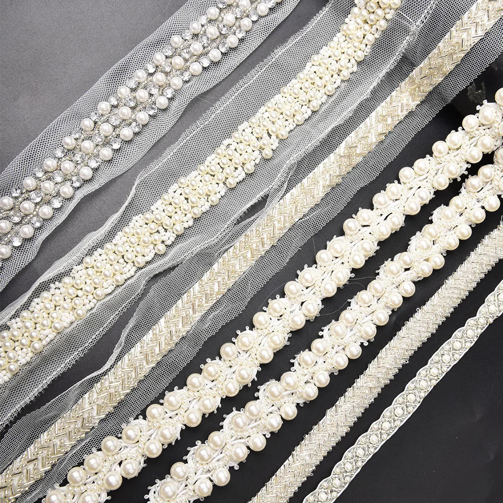 Pearl Beaded rhinestone Trims Sew on Mesh Lace Ribbon Banding Garment Applique DIY hair Clothes Wedding Dress Belt Accessories