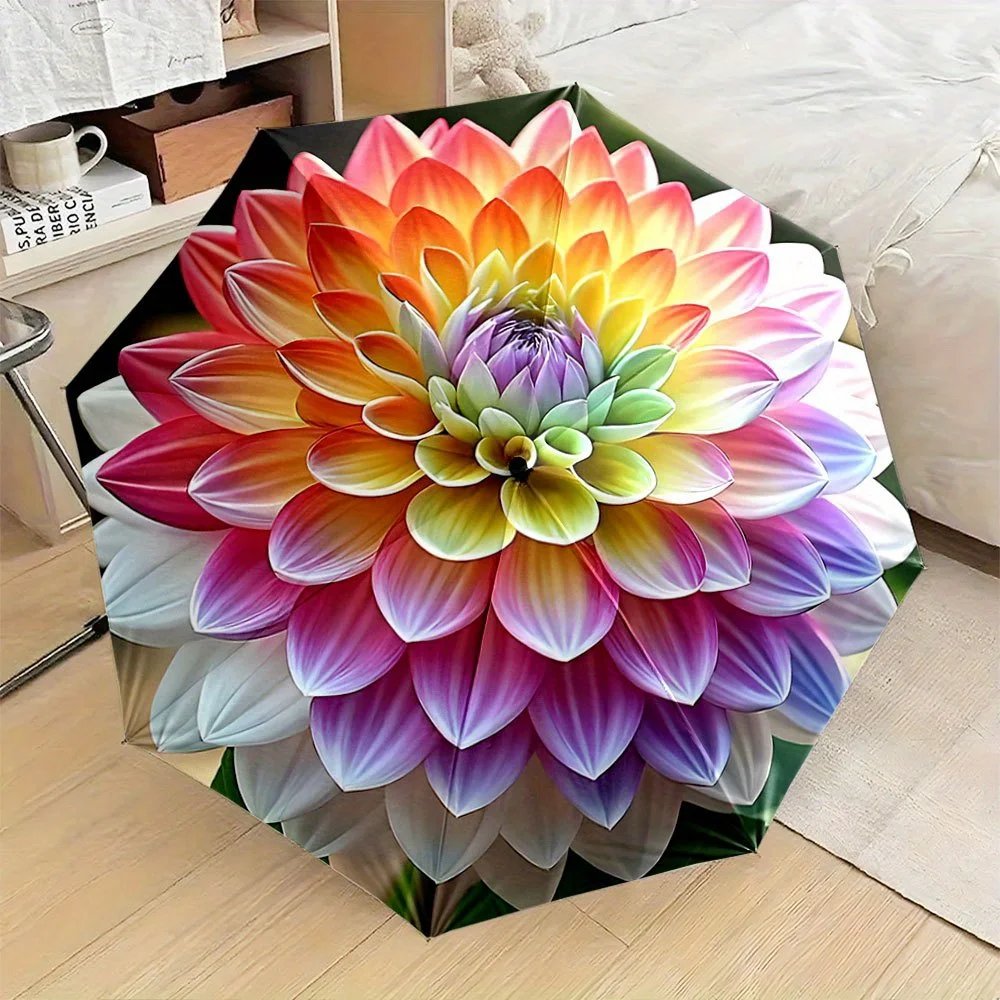

Automatic Folding Umbrella with Vibrant Rainbow Dahlia Flower Design - Portable Collapsible 8-Rib Durable Canopy, Auto Open/Cl