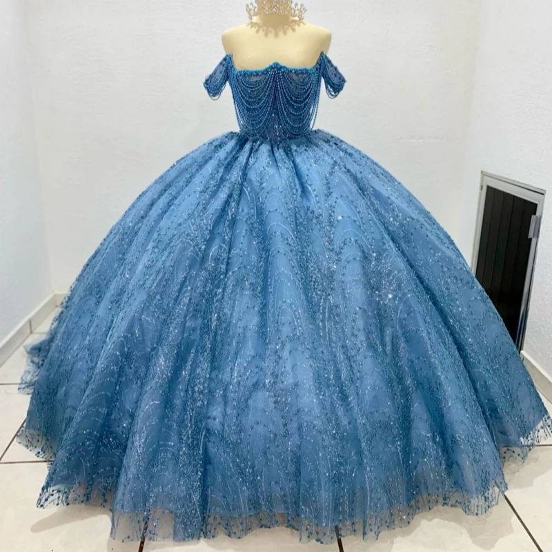 

Sea Blue Shiny Quinceanera Dresses Off The Shoulder Beading Crystal Tull Corset Party Birthday Sweet 16 Dress Vestidos 15 De