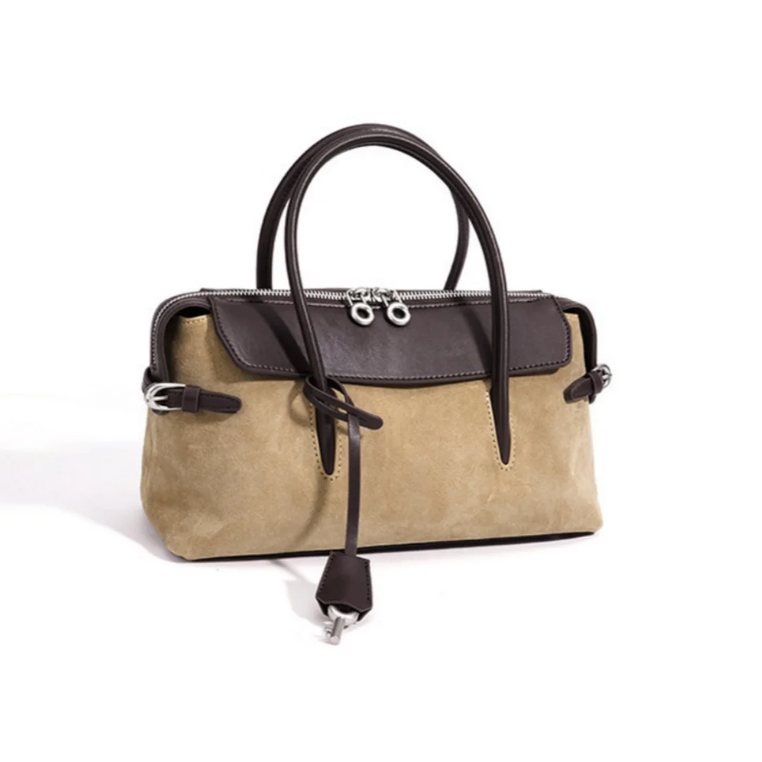 Women High Luster Suede Boston Bag, Color Block Handheld Shoulder Bag, Double Zipper Casual Commuter Handbag for Daily Use