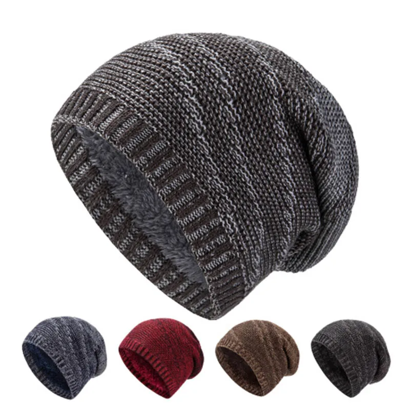 NEW Men Winter Hat Women Knitted Hats For Men Cap Winter Beanie Hat Gorro Thick Warm Brimless Fur Bonnet Men's Cap