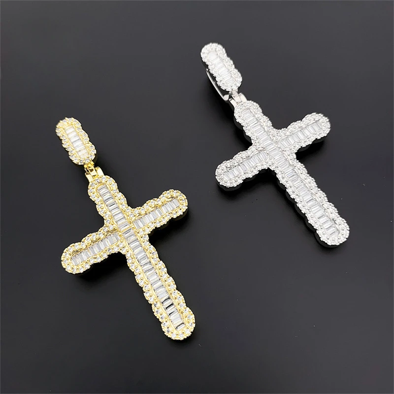 

Hiphop Iced Out Baguette Zircon Cross Pendant 14k Gold Plalted Fine Jewelry Cubic Zirconia Religious Charm Pendant Party Gift