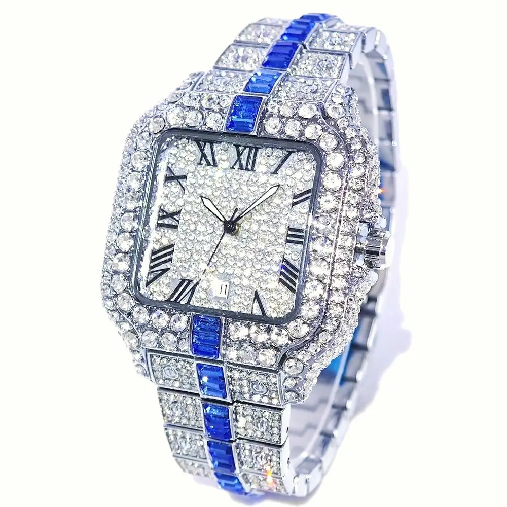 2025 Luxury Iced Watch For Men Fashion Blue Diamond Quartz Wristwatch Mans Hip Hop Bling Bling Jewelry Watches Gift Reloj Hombre