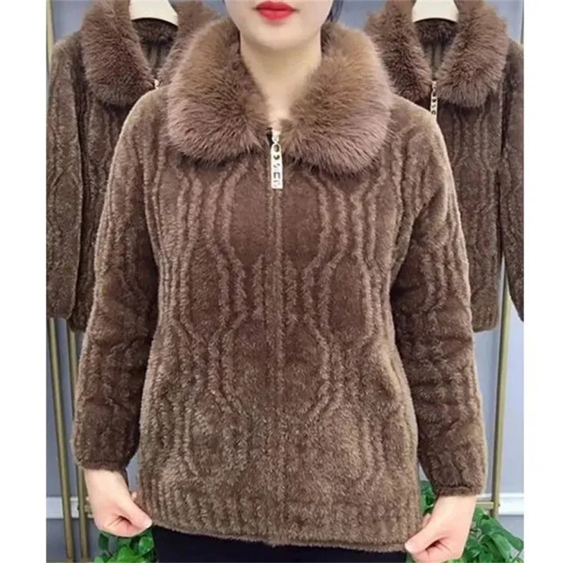 Women Knitted Cardigan Thicken Large Size Imitation Mink Velvet Sweater Coat Middle-Aged Mother Fur Collar Zipper Knit Jacket