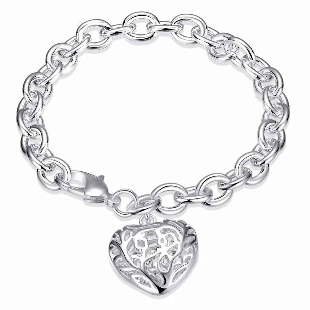 Lekani Women's Fine Jewelry 925 stamp silver color Hollow Heart Charm 8'' Thick Chain Lobster Clasp Bracelet Bangle Bileklik