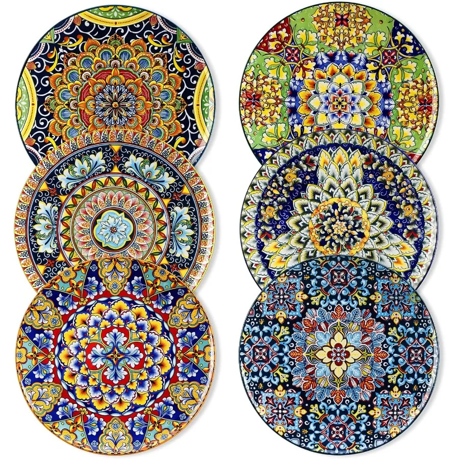 

Dinner Plates Set of 6-10.5 Inch Ceramic Plates Microwave Oven and Dishwasher Safe Colorful Bohemian Style Dishes for Kitchen