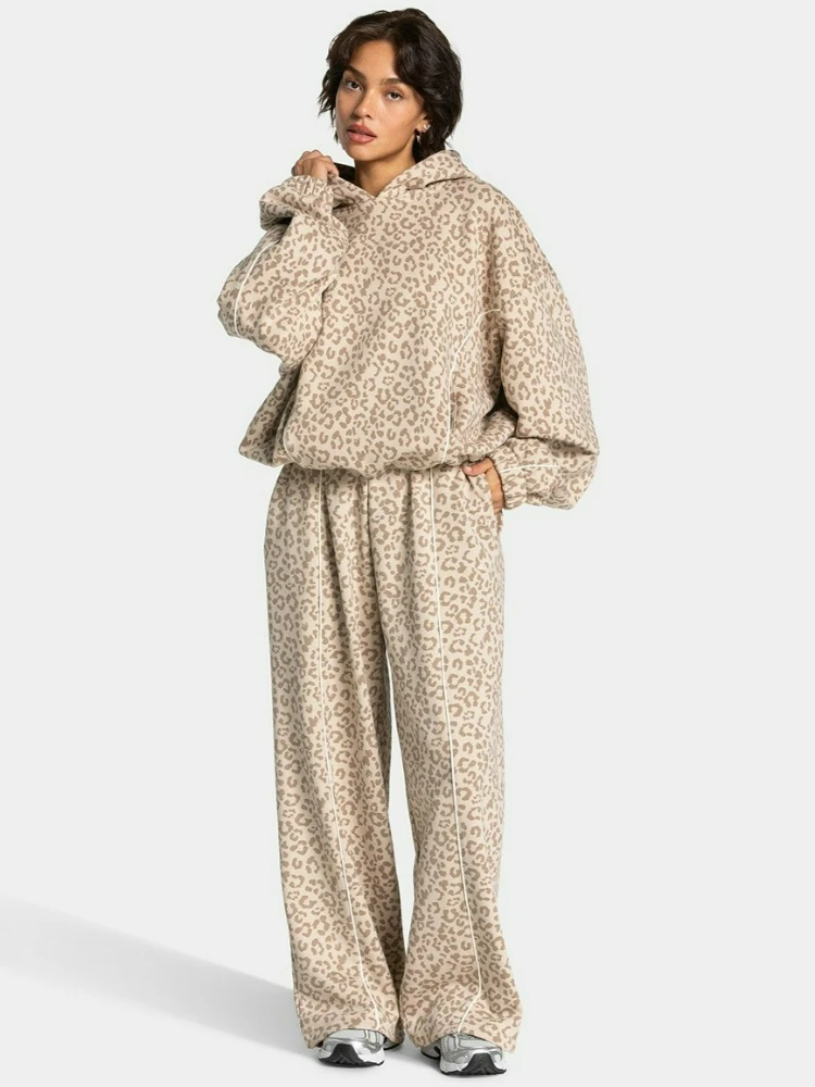 

Women Hooded Sweatshirt Sweatpants 2 Piece Sets Casual Hoodies Long Pants Tracksuit Leopard Print Running Fitness Sports Outfit