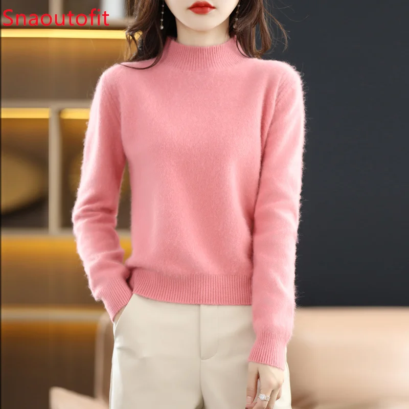 Half-High Collar Pure Mink Cashmere Sweater Women\'s Long Sleeve Top Autumn and Winter Warm Loose Knit Pullover Solid Color Base