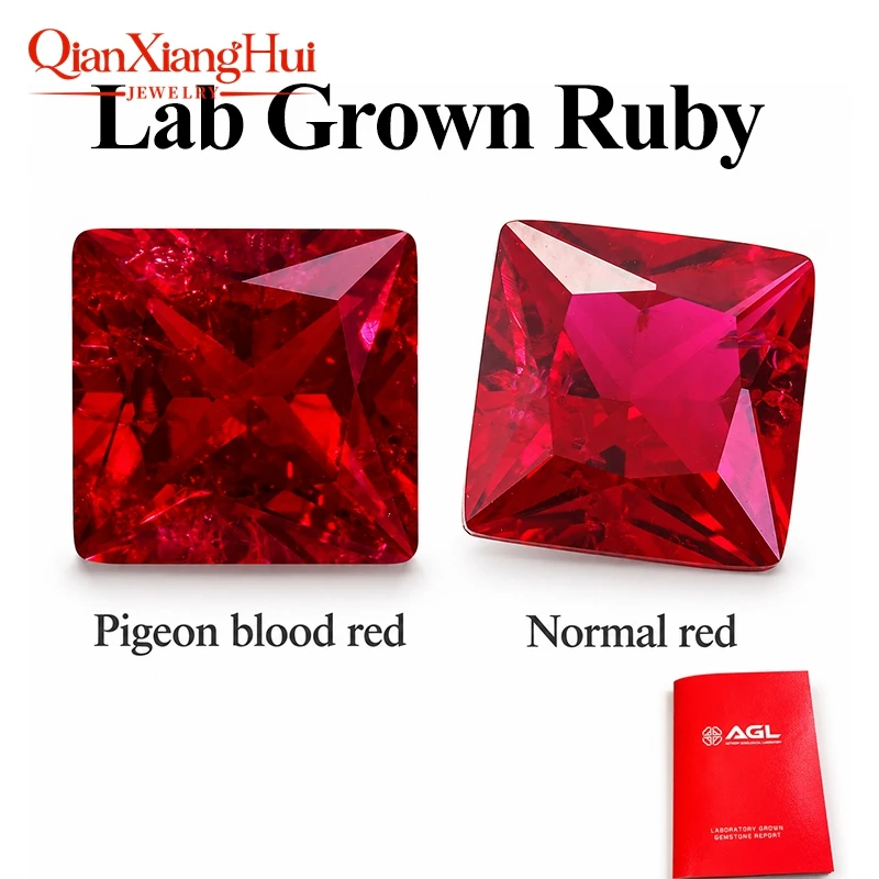 Square Shape Pigeon Blood Red Lab Created Ruby Princess Cut Loose Gem Stone with Minor Inclusions And Cracks Jewelry