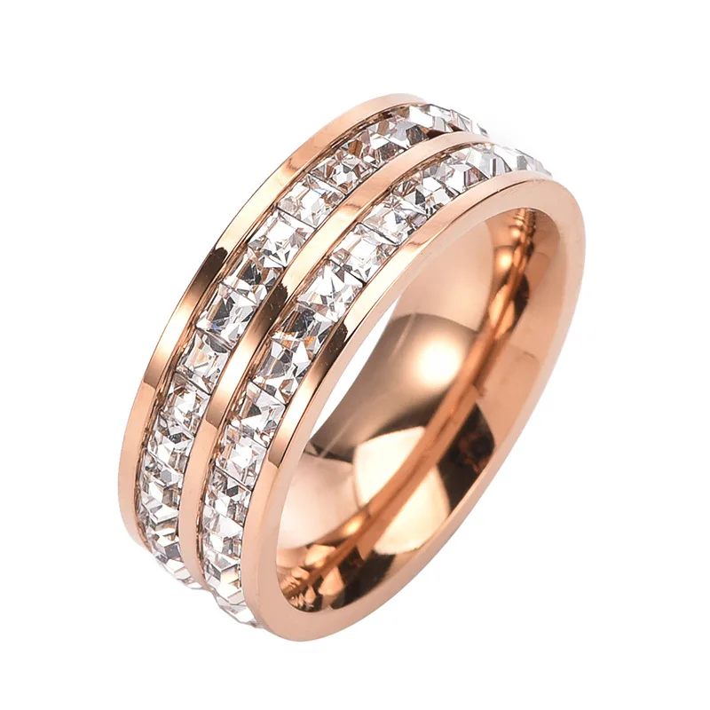 2024 Hot Double Row Crystal Woman Fashion Ring Rose Gold Color Filled Titanium Steel Rings for Women Female Wedding Fine Jewelry