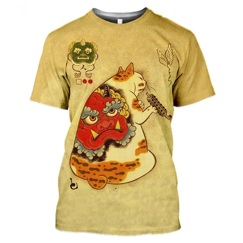 Japanese Kong Fu Cat Tattoo T-shirt Men Women 3D Printed Animal Harajuku T Shirts Streetwear Hip Hop Popular Fashion Soft Top