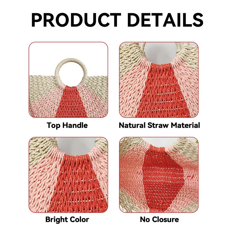 Handmade Straw Rattan Woven Handbags for Women Paper Rope Top Handle Tote Bags Summer Beach Large Capacity Lady Clutch Purses