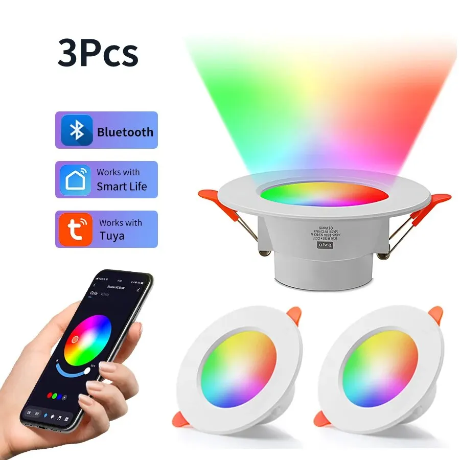 3pcs Tuya Bluetooth Smart Downlight Full Color Dimming 3 Inch Tuya Bluetooth Control Tuya Downlight 10W 85-265v