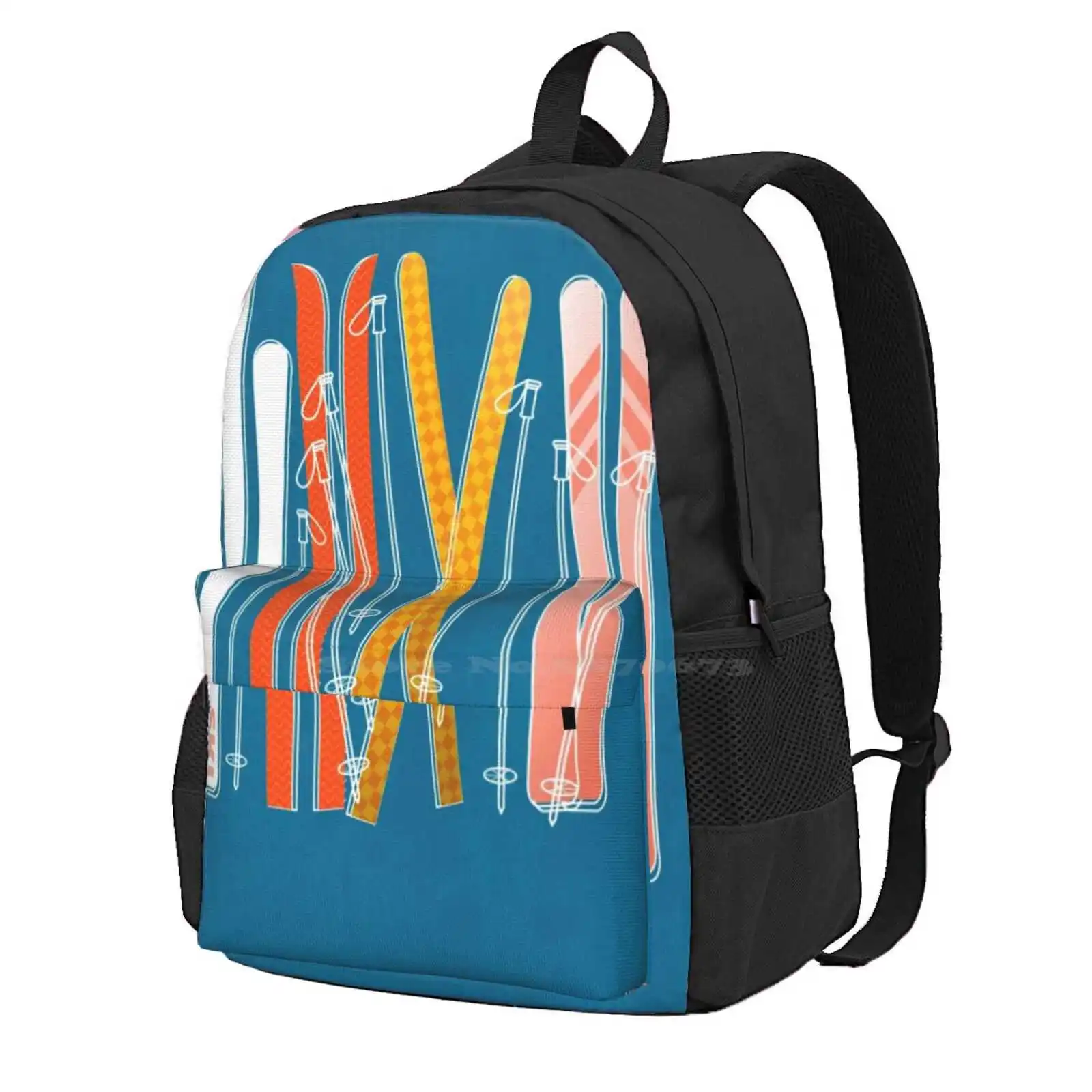 Retro Ski On Dark Blue Hot Sale Schoolbag Backpack Fashion Bags Christmas Skiing Showmemars Poles Mountains Alps Aspen Winter